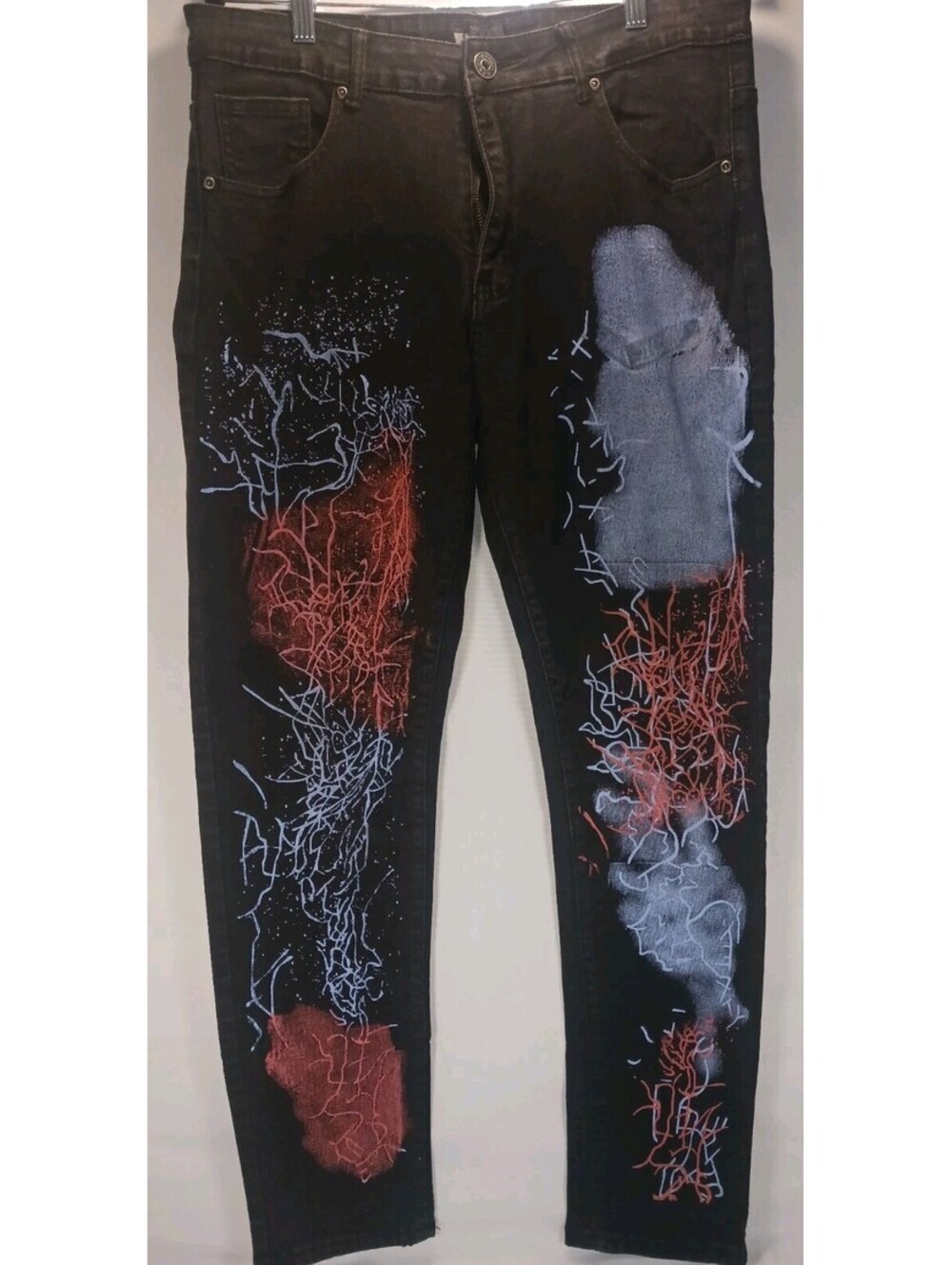 WAIMEA - 36x32 -Jeans Mens Skinny Fit Black Denim Splatter Paint Tapered Leg
